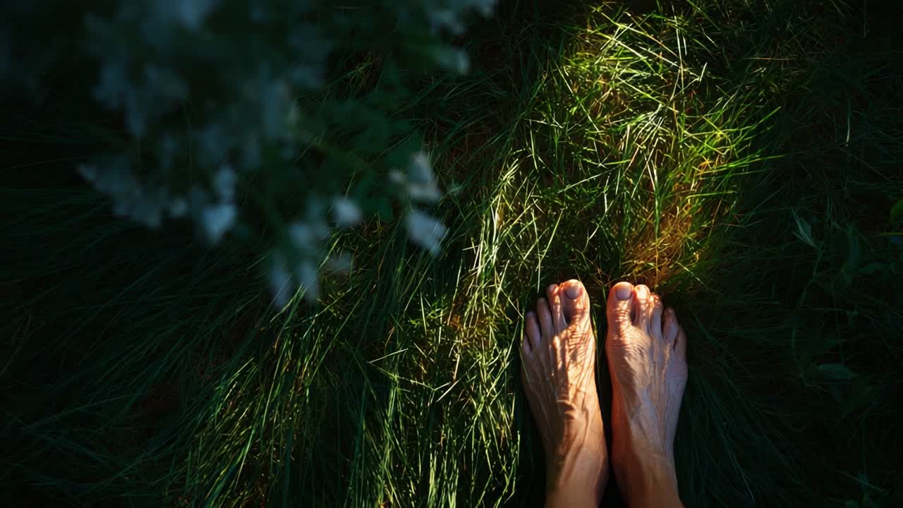 A Serene Moment of Connection with Nature, Showcasing Bare Feet Resting on Lush Green Grass Under the Gentle Warmth of Sunlight, Cultivating a Sense of Tranquility and Freedom
