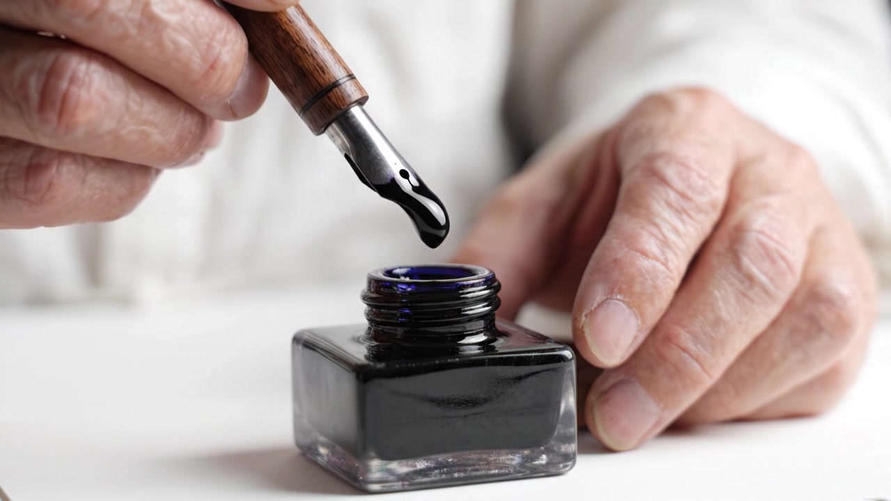 Una intrincada pluma estilográfica se sumerge en un tintero, capturando la esencia de la escritura y la creatividad en el proceso de expresión y arte.