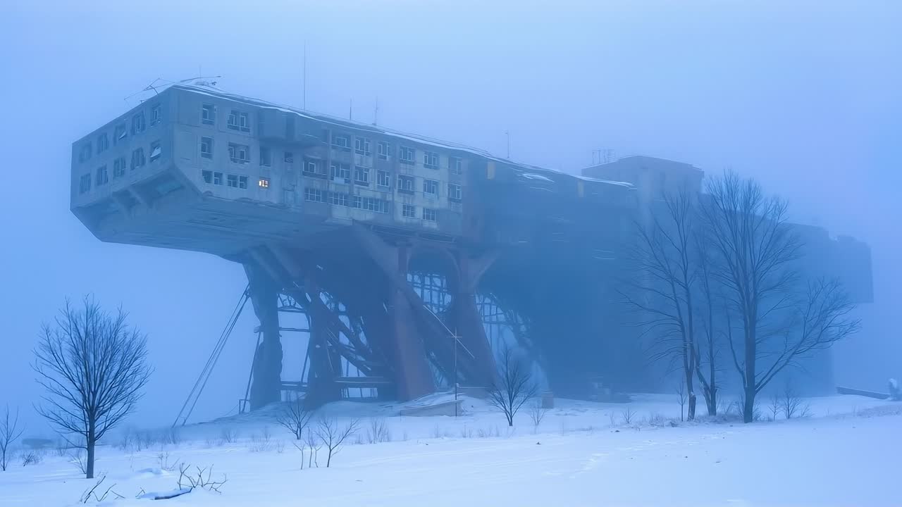 A very tall building in the middle of a snowy field