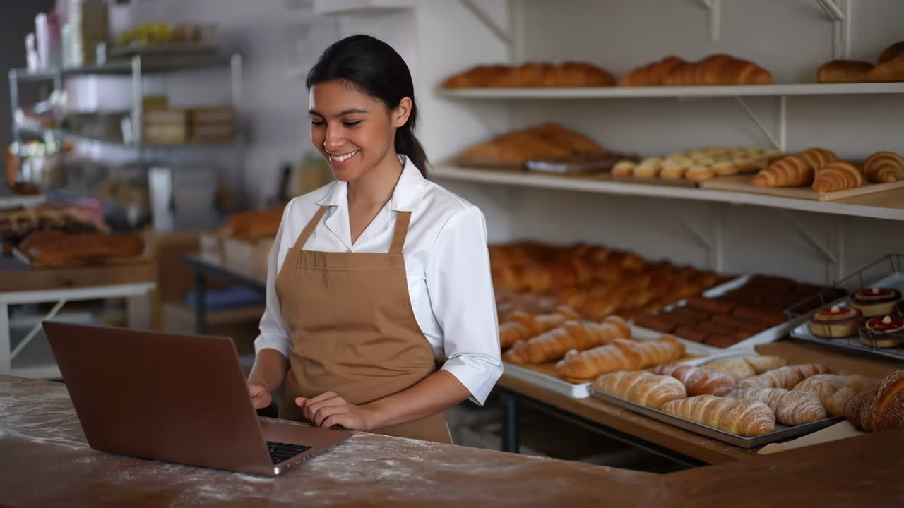 Young woman working on a laptop in a bakery