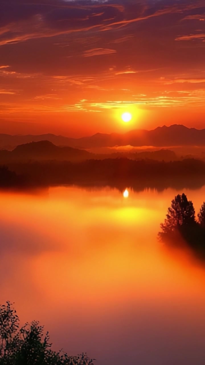 Un'Alba Serena in Riva all'Acqua: Riflesso Accattivante dell'Alba su un Lago Nebbioso con Calde Sfumature di Arancione e Oro che Illuminano il Paesaggio Tranquillo