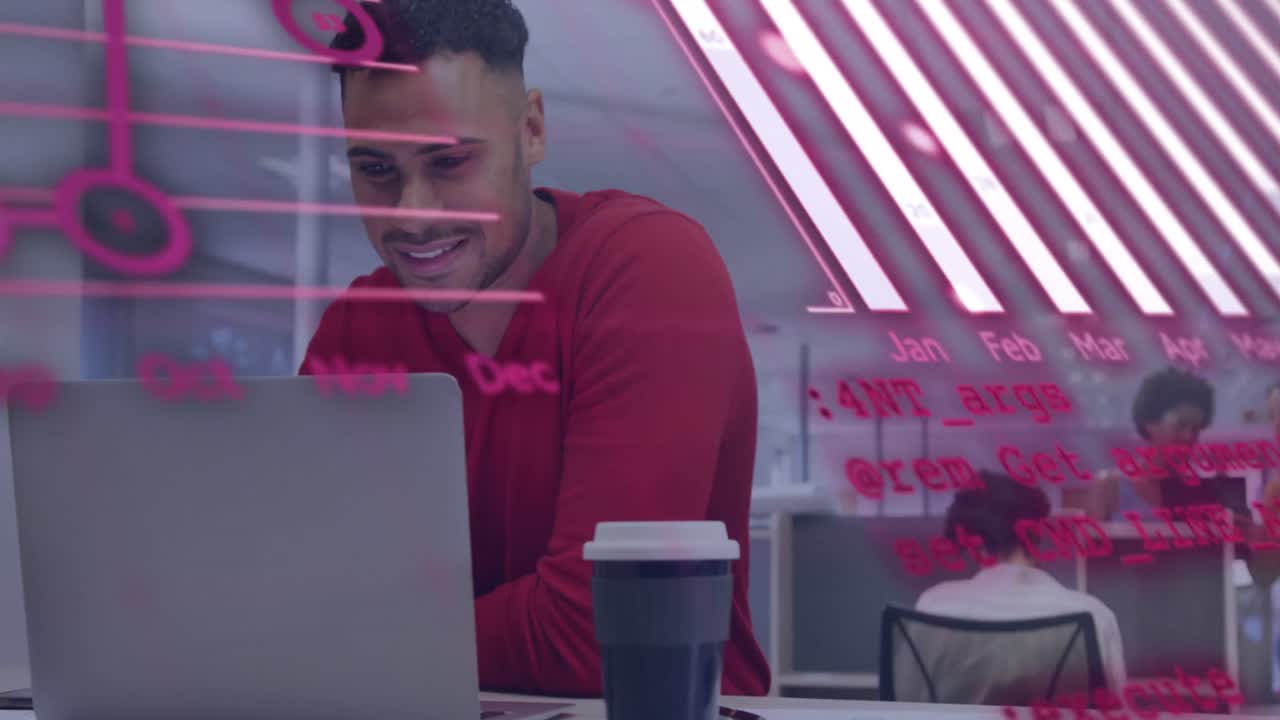Animation of coding and graphs over biracial businessman with coffee working over laptop in office