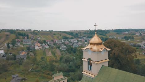 the church in the old village. view from the top. panorama. aerial shot