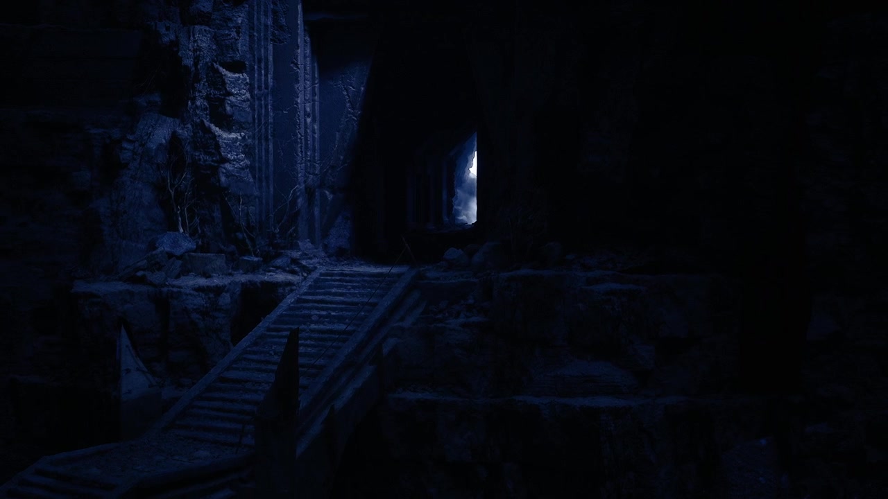 Il crepuscolo emerge vividamente, un bagliore blu freddo illumina passaggi in ombra