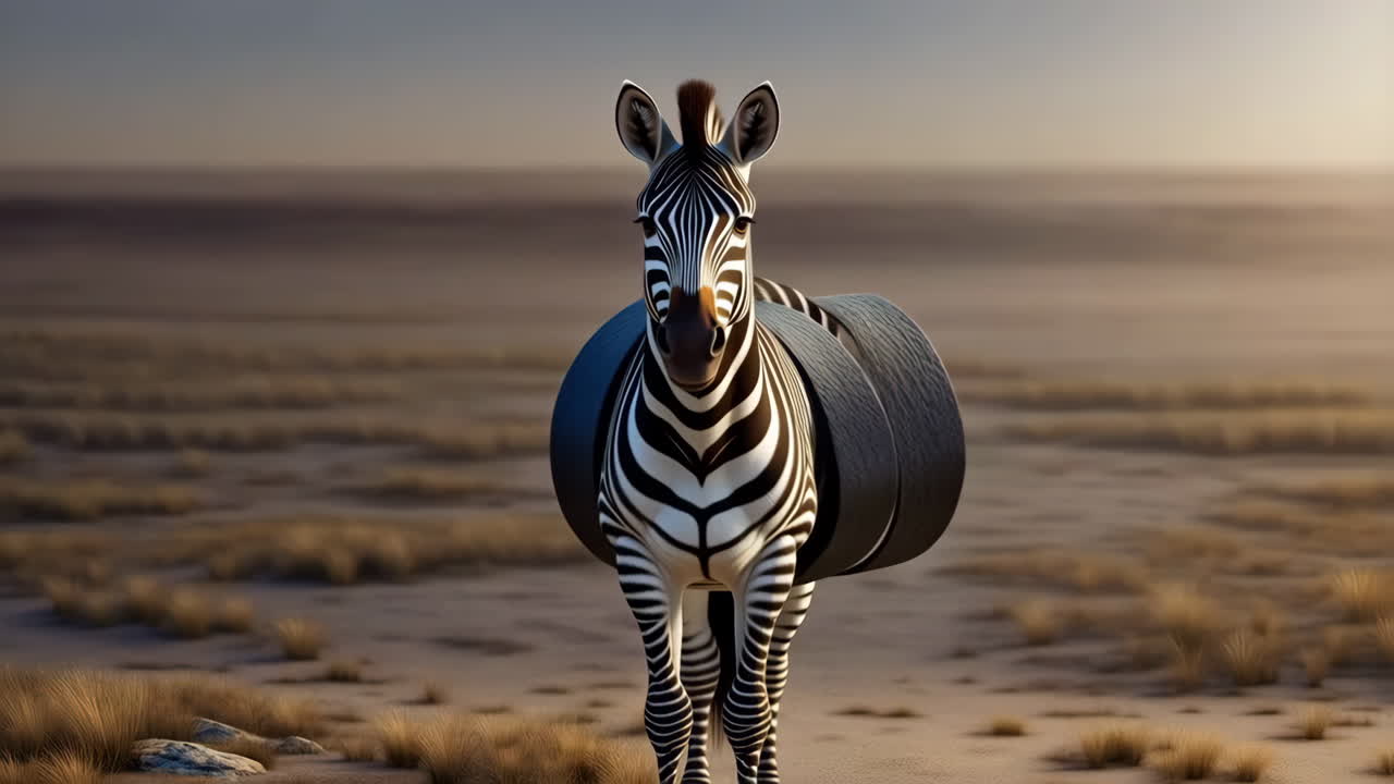 Zebra with Abstract Ribbons in a Dry Landscape