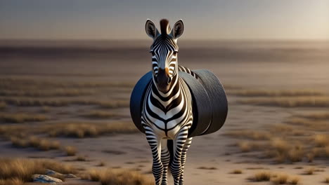 zebra with abstract ribbons in a dry landscape