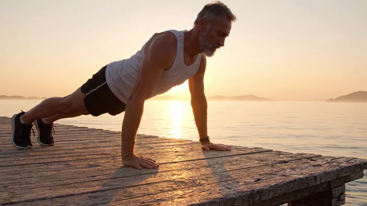 Una routine mattutina di flessioni ispiratrice con vista su acque calme all'alba: un viaggio nel fitness e nel benessere.