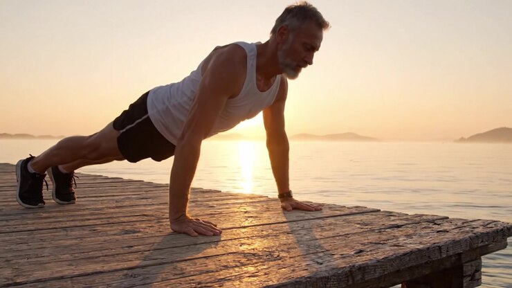 An Inspiring Morning Push-Up Routine Overlooking Calm Waters at Sunrise: A Journey into Fitness and Well-being