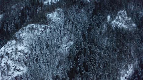 aerial view over snowy mountain slope and tilts up to see peak