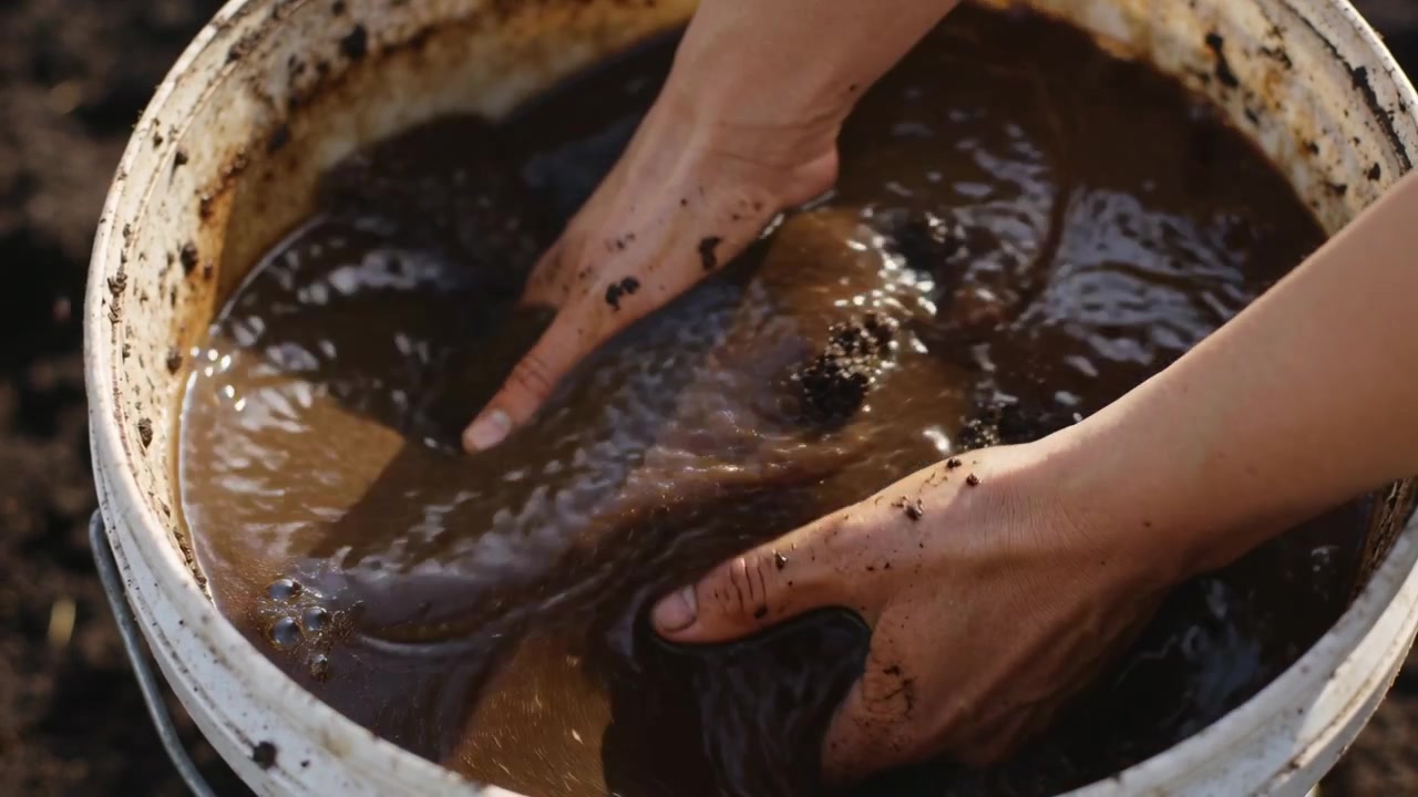 Mani nude che si allungano, sollevando e impastando terra scura in un secchio in giardino con acqua torbida per piantare