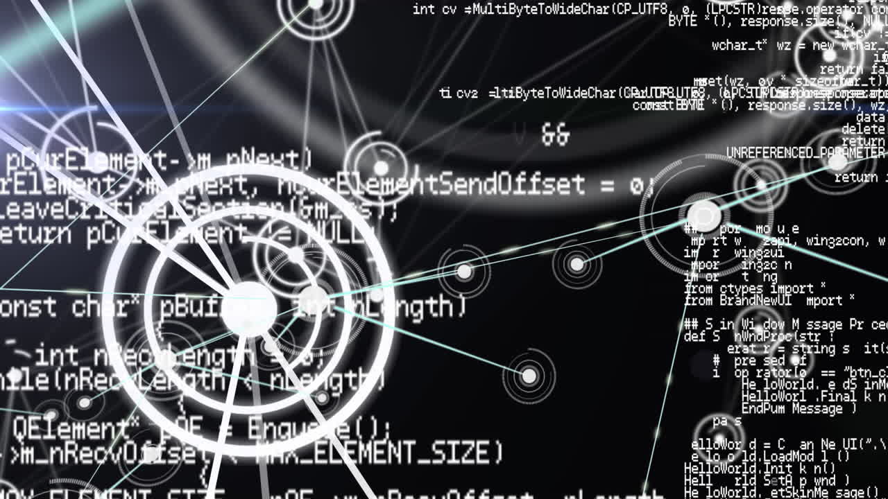 검은 바탕에 움직이는  ⁇ 색의 정보와 연결된 점의 네트워크의 애니메이션