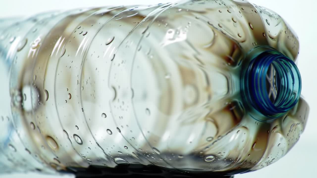 Close-Up Examination of a Water Bottle Showing Unique Textures and Droplets, Capturing the Intricacies of Plastic and Moisture in Everyday Items