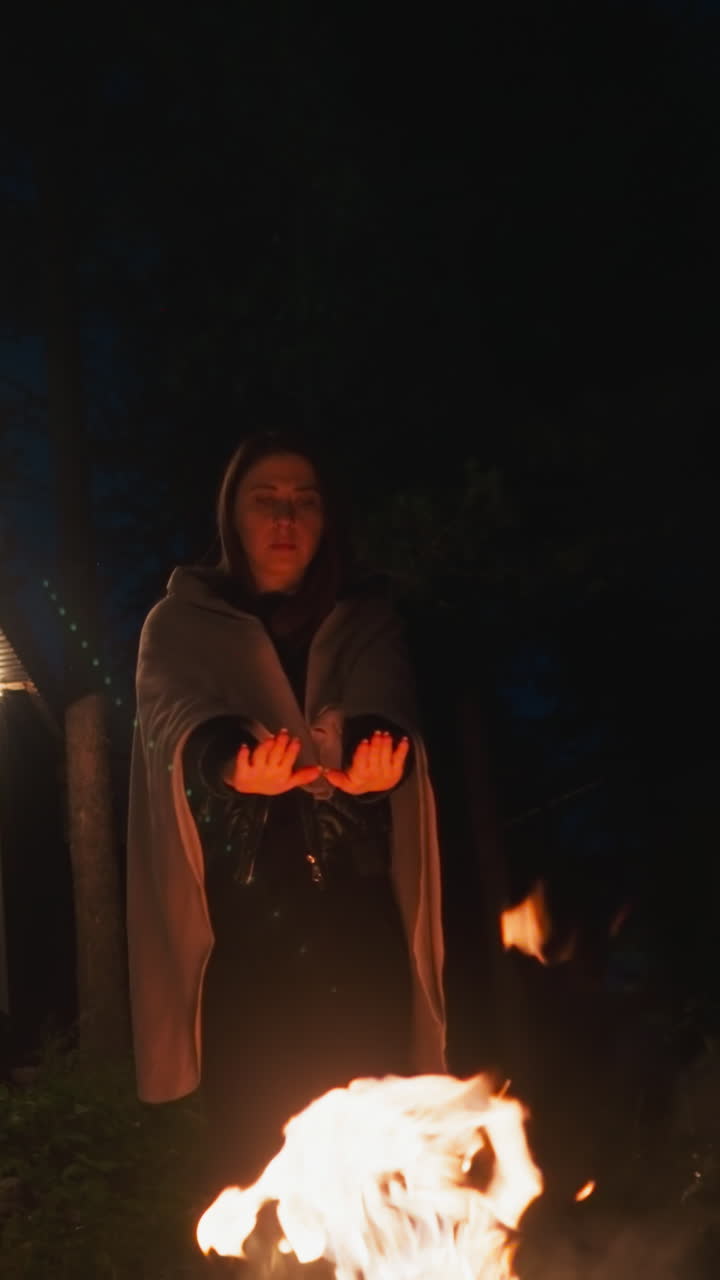 silueta de mujer oscura calentando las manos sobre la hoguera por la noche. dama con una manta en los hombros tratando de mantenerse caliente en la noche fría. caminar en el patio de la casa de glamping