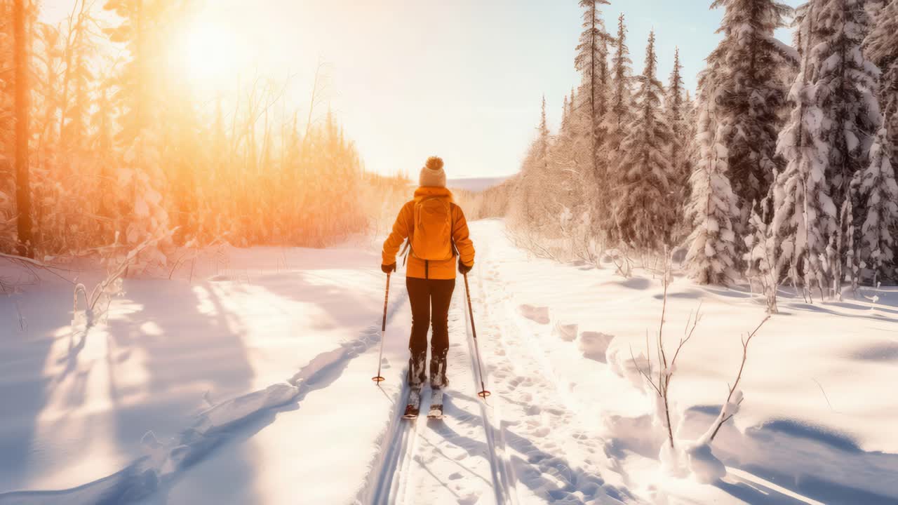 A person skiing through a snowy forest at sunset, captured from behind at eye level