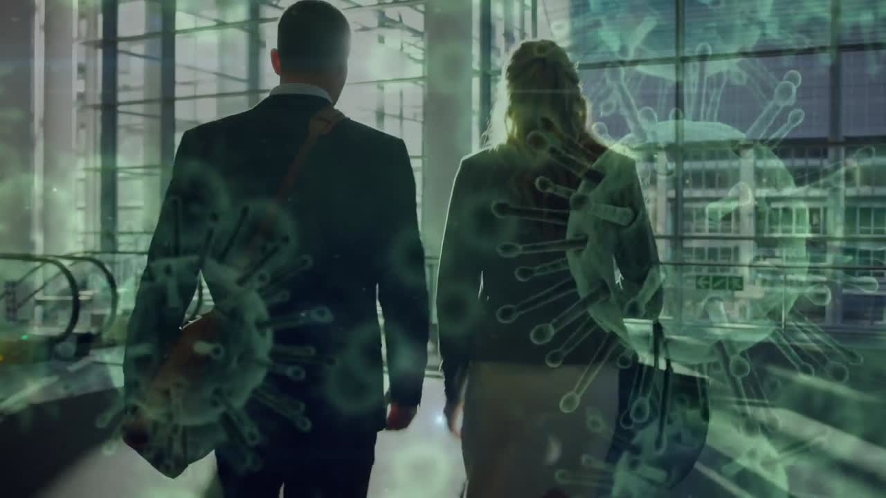 animación de células de virus sobre diversas personas de negocios caminando
