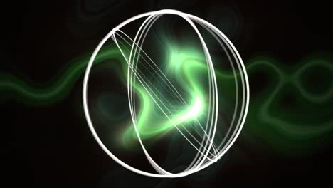 Animation-of-geometrical-shapes-over-green-lights-on-black-background