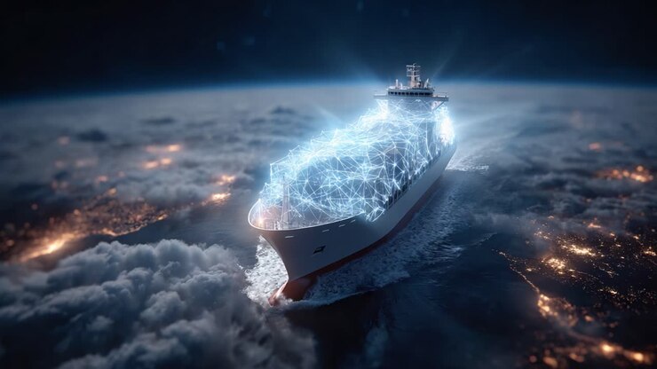 Una nave cargo futuristica che naviga attraverso acque ricche di dati con connessioni di rete illuminate, a simboleggiare l'innovazione nella logistica marittima e nella tecnologia