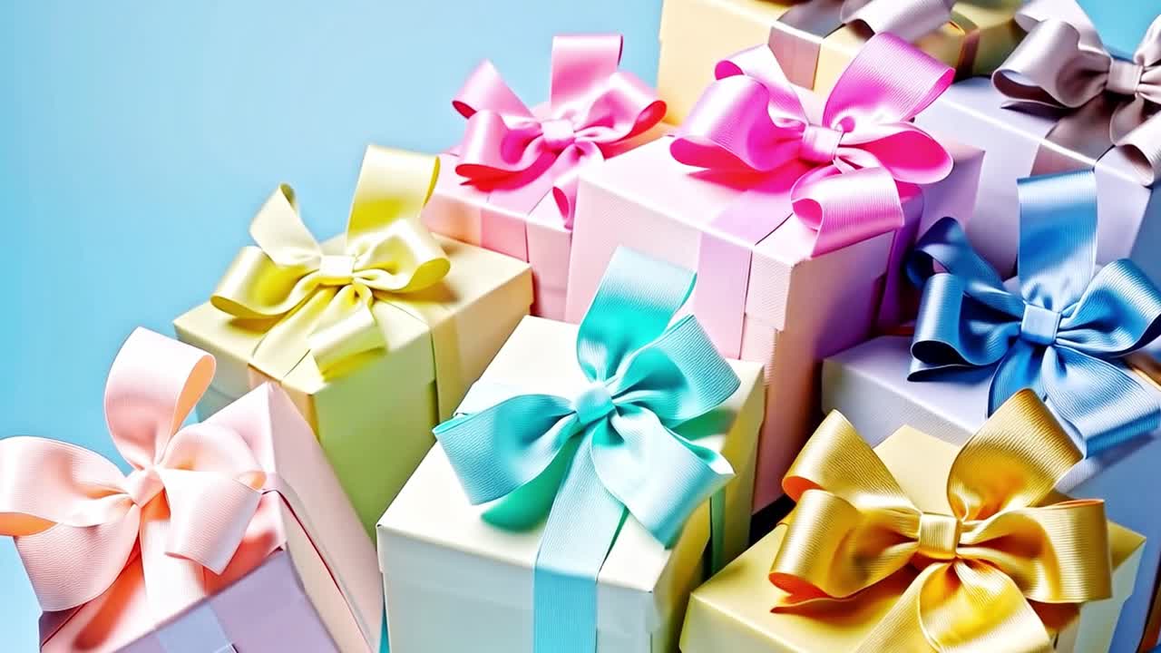 Pile of colorful gift boxes with bows