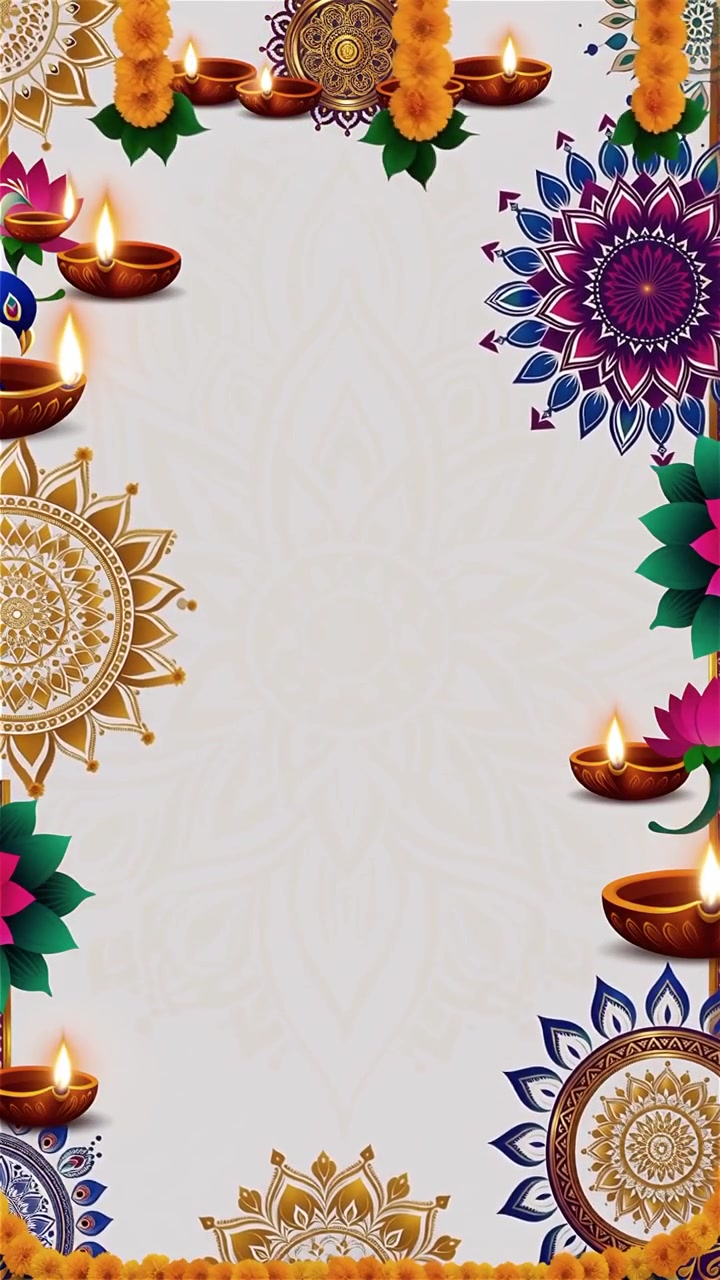 Sfondo Diwali con Diyas luminosi, Rangoli e fiori di loto