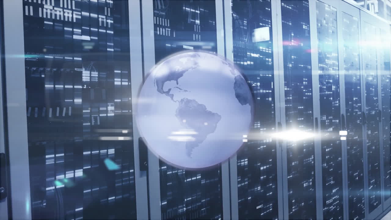 Animation of globe and digital data processing over computer servers