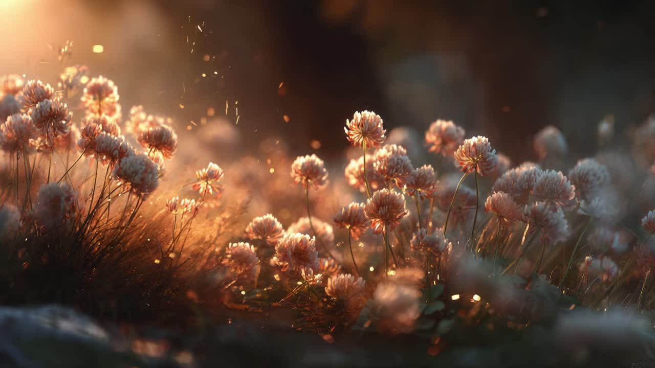 A Serene Evening Scene with Sunlight Filtering Through a Field of Delicate Blossoms, Illuminating Their Petals with a Warm Glow and Creating a Dreamy Atmosphere