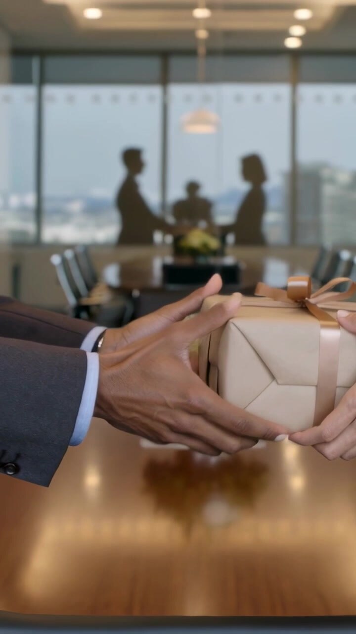 Vertical video: Pushing wrapped gift right, suited hands exchanging at meeting room, sealing deal