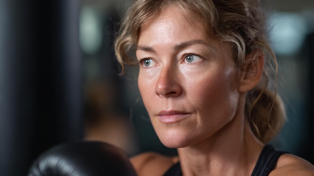 Atleta concentrada preparándose para un combate de boxeo con determinación y resolución, mostrando fuerza y confianza en su mirada mientras entrena duro para la competición.