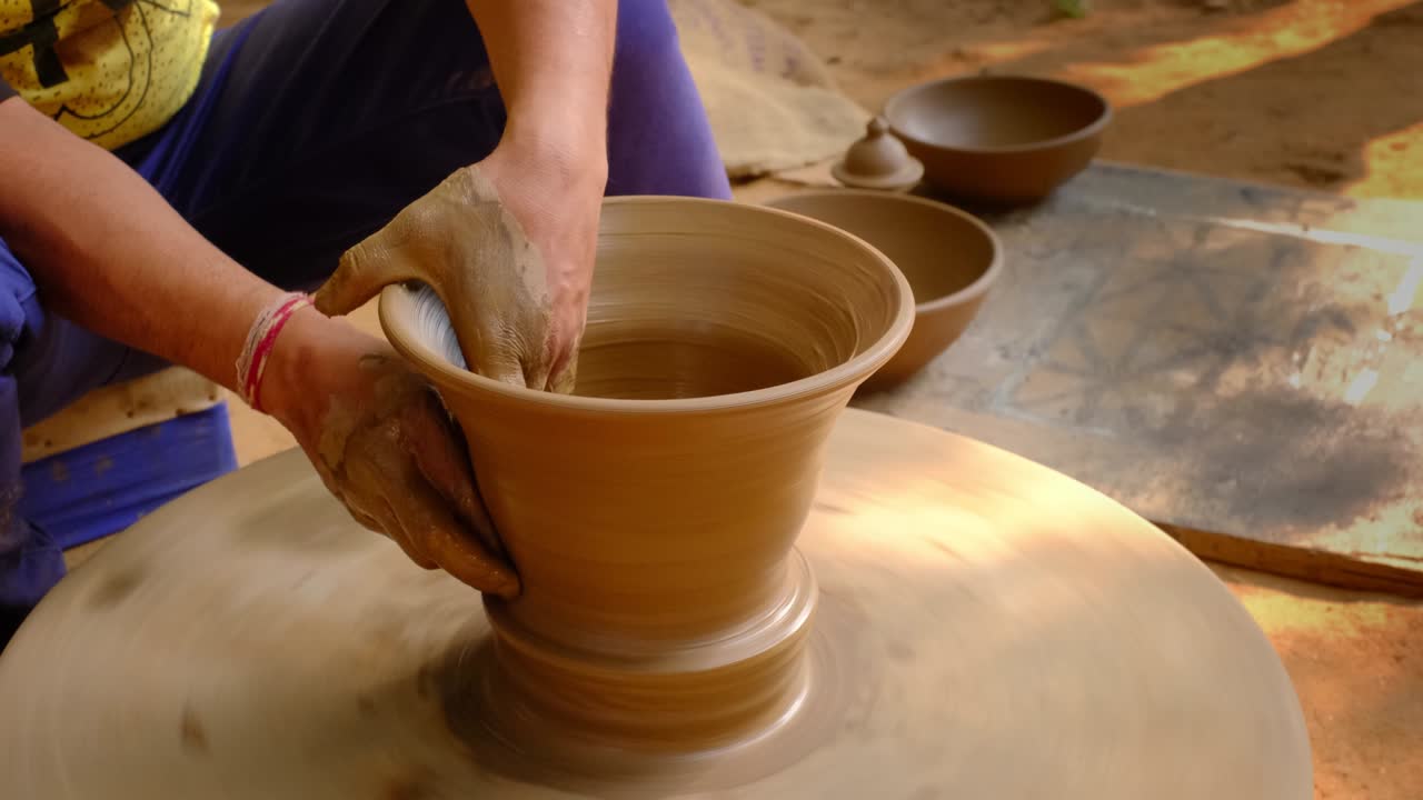 la cerámica - las manos mojadas hábiles del alfarero que dan forma a la arcilla en la rueda de alfarero. olla, lanzamiento de jarrón. fabricación de artesanía tradicional tazón indio, frasco, olla, jarro. shilpagram, udaipur, rajasthan, india