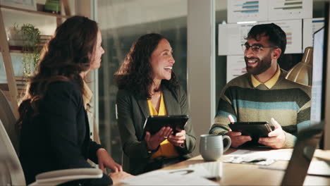 a team of business professionals is meeting in an office, discussing work and ideas on their tablets. they are smiling and laughing, suggesting a positive and collaborative environment.