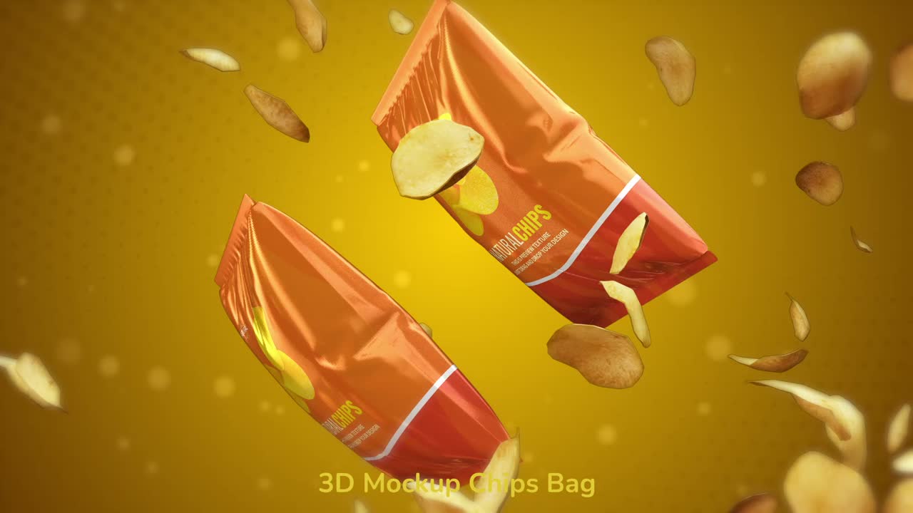 Mockup 3D dinamico di confezione di snack con patatine che cadono