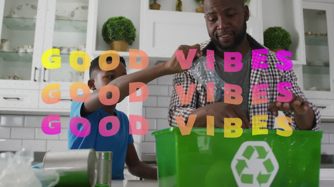 Animation of good vibes text over african american father and son segregating waste