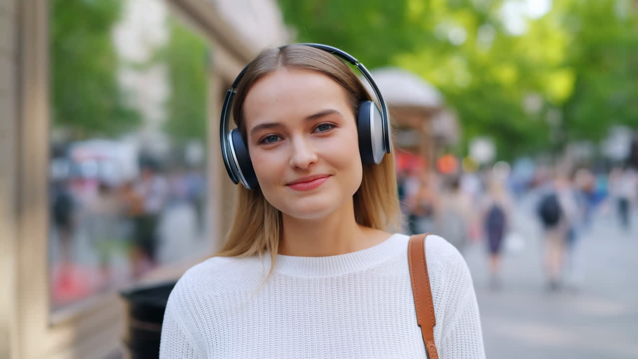 Giovane donna sorridente con le cuffie su una strada cittadina.