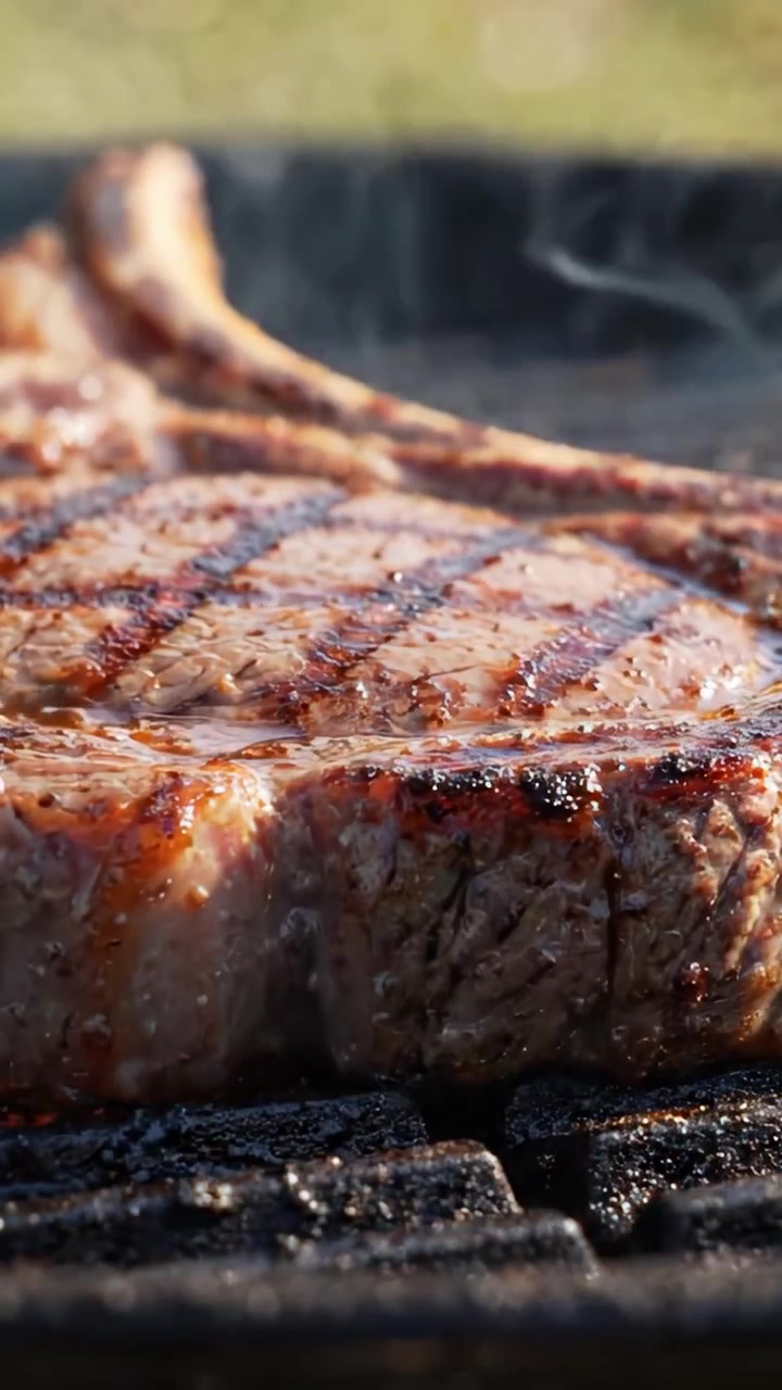 Sizzling Steak Cooking Over Charcoal Grill: The Juicy Transformation of a Fine-Cut Ribeye Captured in Stunning Detail with Smoke and Flavor