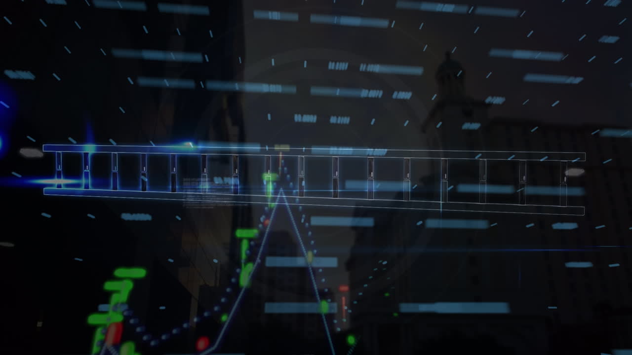 도시 풍경 위의 dna 스트랜드로 데이터 처리의 애니메이션