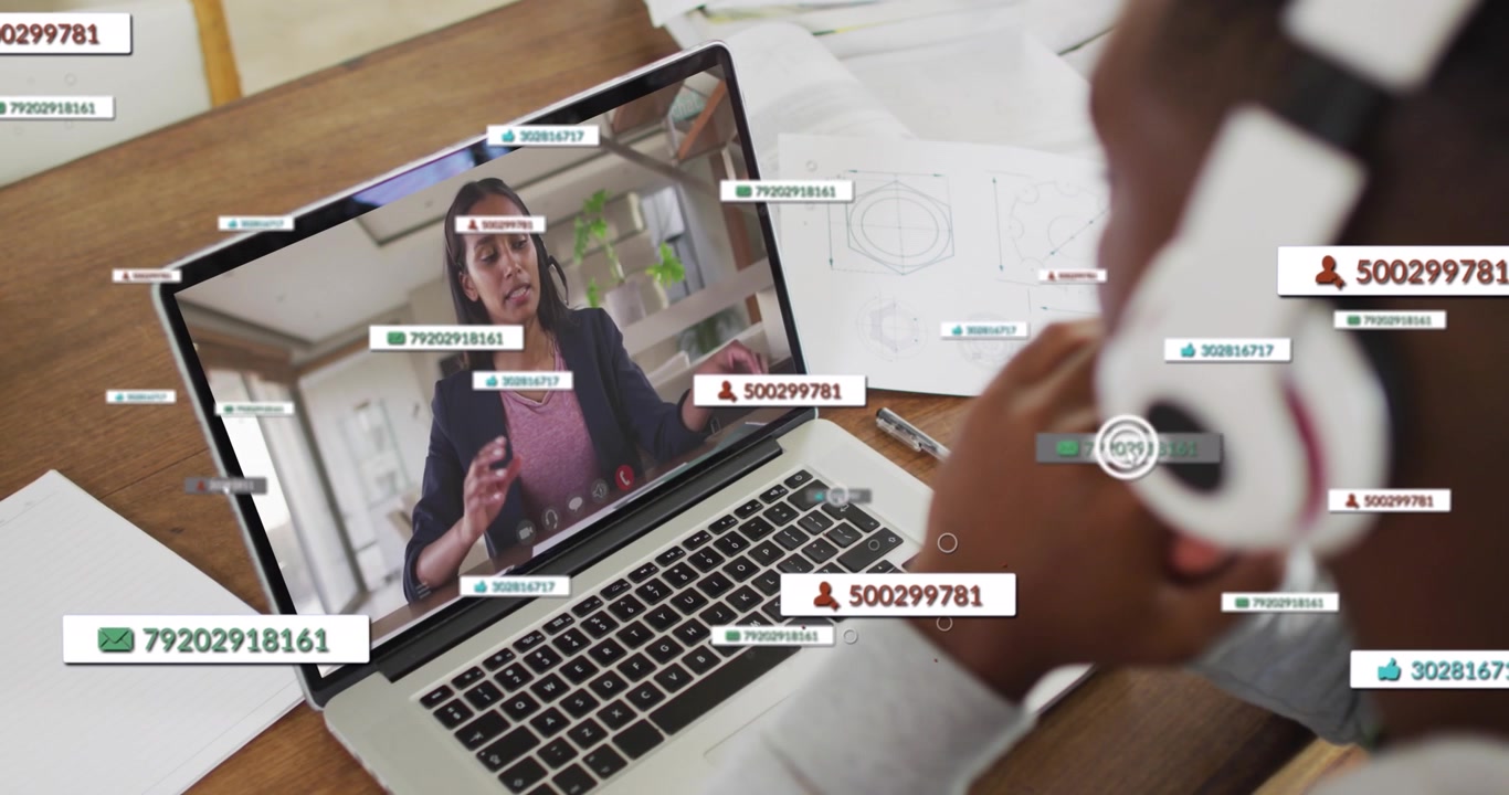 Animazione di elaborazione dati su persone diverse in videochiamata su laptop