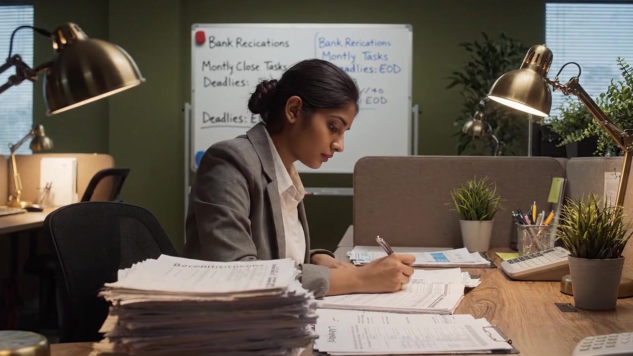 Focused Professional Reviewing Financial Documents and Task Lists in an Office Setting with Papers, Plants, and Desk Lamps Amidst a Busy Work Environment.