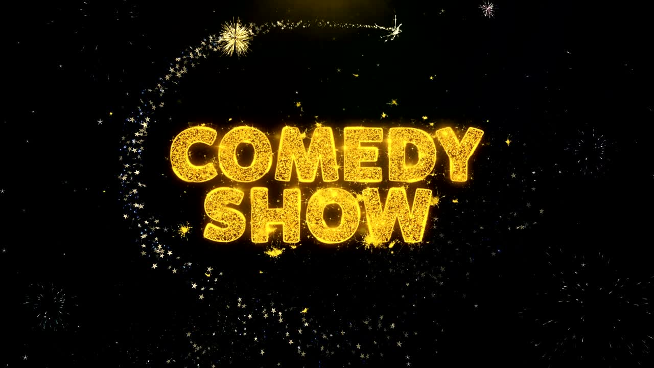 코미디 밤 텍스트 금 입자 불꽃놀이 전시