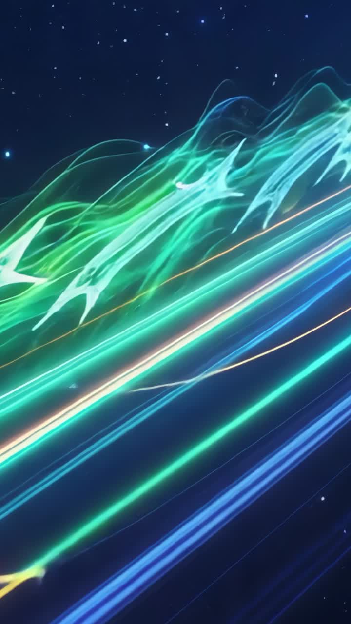 Vertical video: Emerging neon-green ribbon sweeping across navy void leaving vivid energy streams