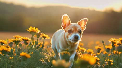 small dog runs joyfully through a vibrant field of yellow flowers during a beautiful sunset