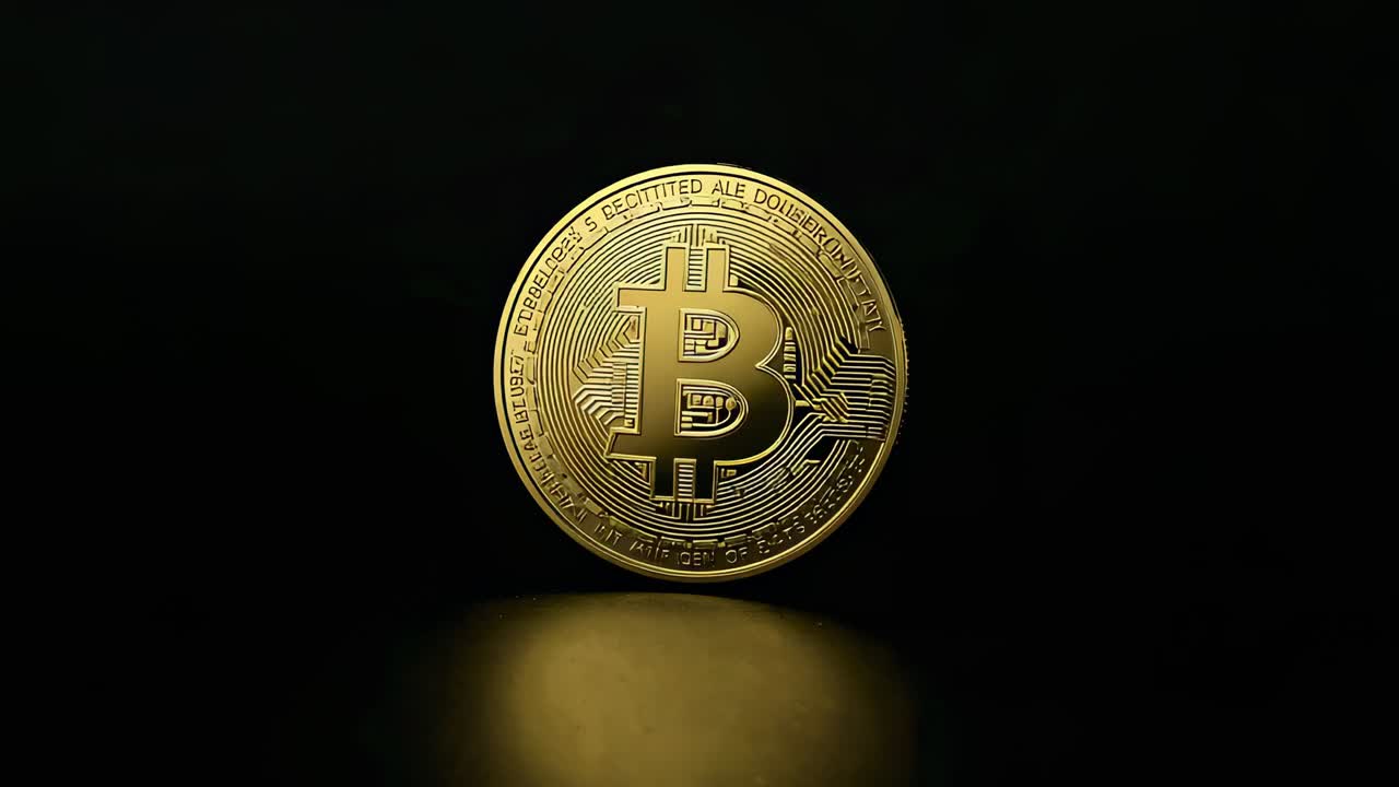 Lighting above causing gold Bitcoin coin rotating on edge in studio revealing circuits and B symbol
