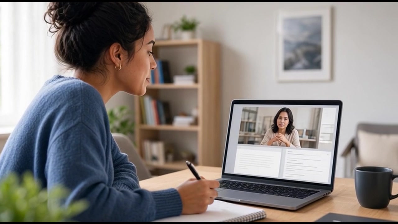 Young Woman Participating in a Video Call on Her Laptop