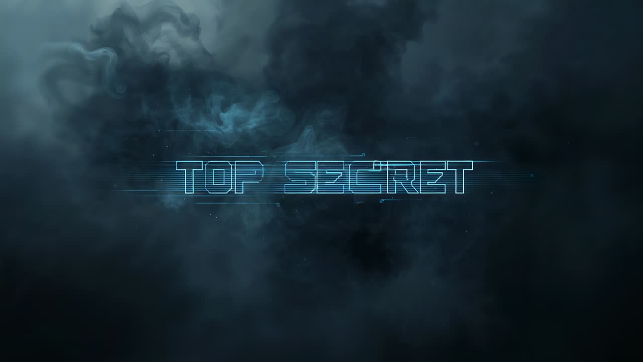 Testo TOP SECRET blu neon brillante che rivela un messaggio su uno sfondo fumoso con linee di scansione