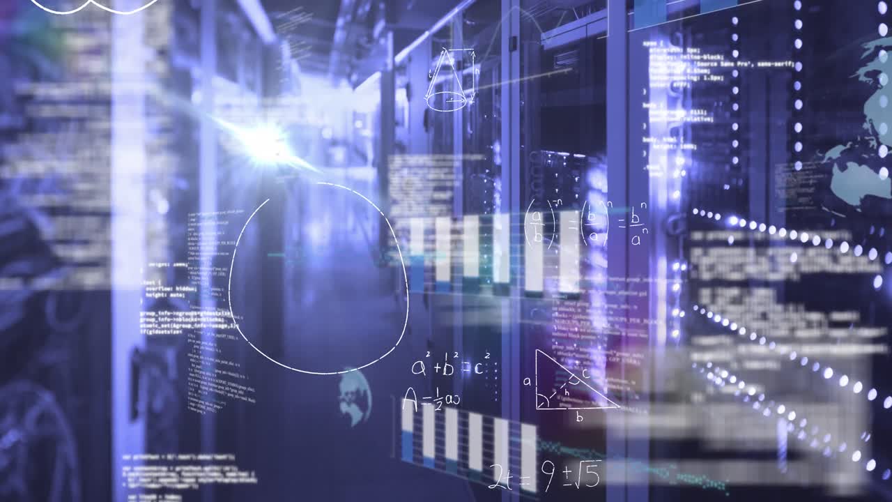 animación de ecuaciones matemáticas, procesamiento de datos y punto de luz contra la sala de servidores de computadora