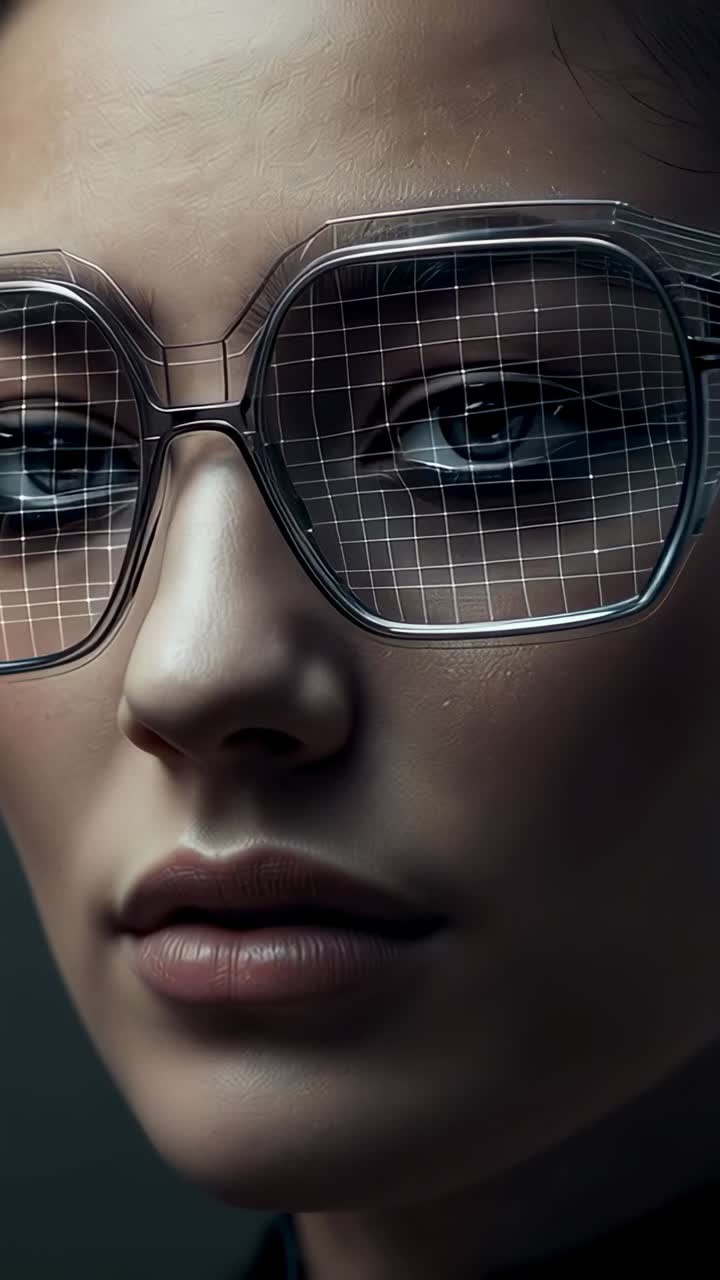 Video verticale: zoom indietro, modello centrato in studio con top scuro che mostra la griglia degli occhiali
