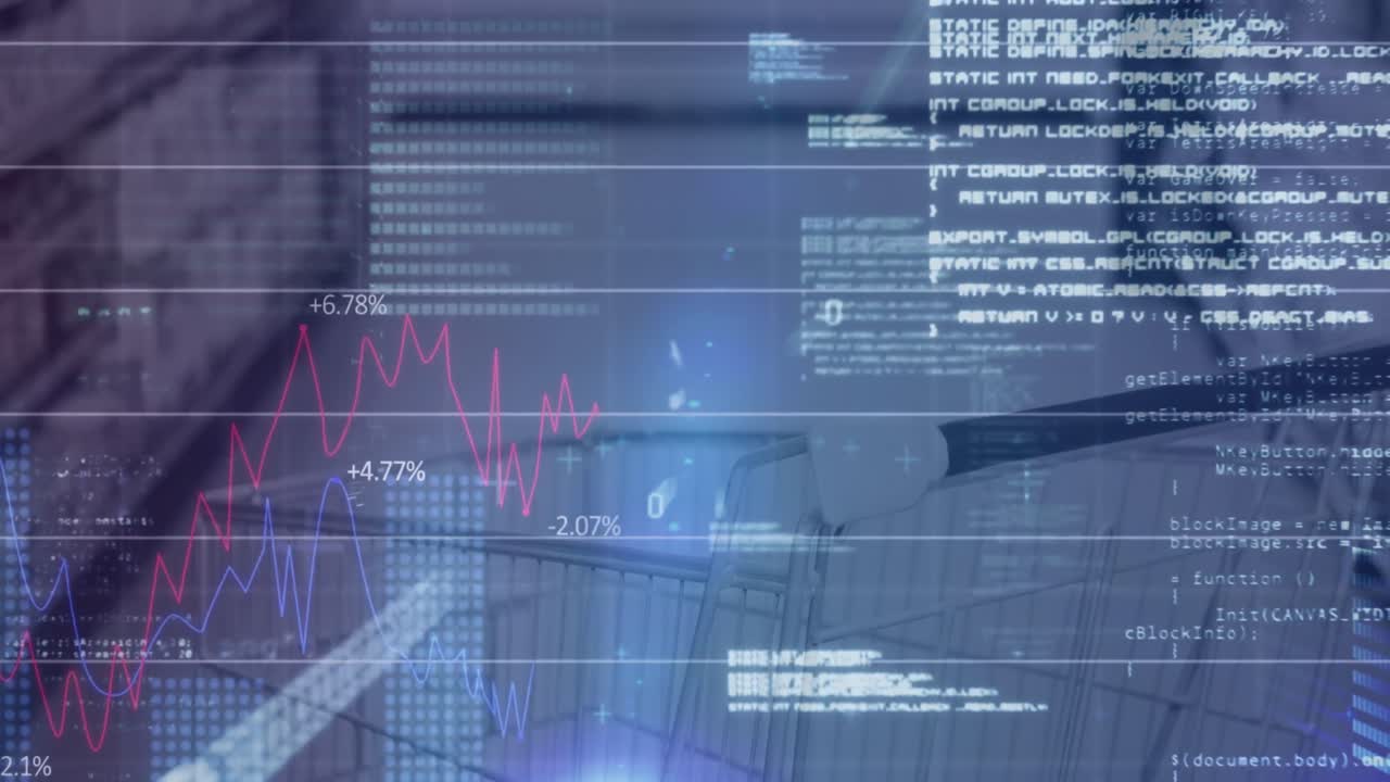 Animation of financial data processing over shopping trolley in shop