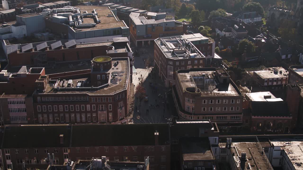 Aerial of Exeter city shopping district. Princesshay shopping center in the background