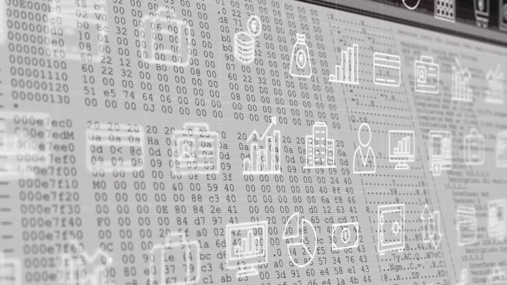 Animation of multiple digital icons moving over data processing against white background