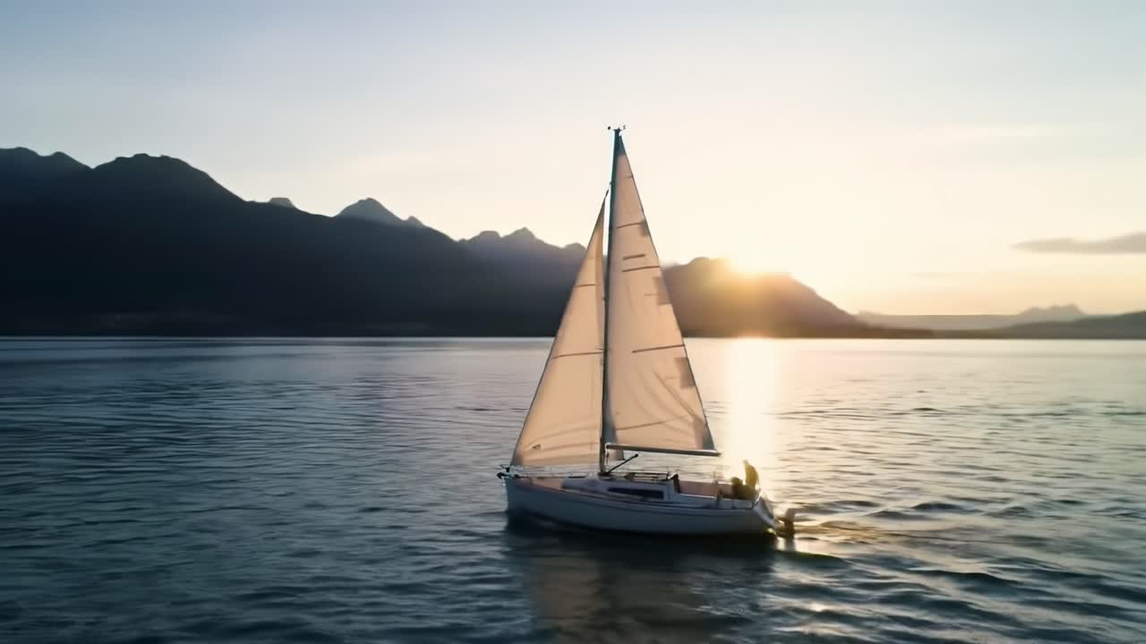 A lone sailor navigates calm waters as the sun sets behind dramatic mountain peaks, creating a breathtaking and tranquil atmosphere. The peaceful scene captures the beauty of nature.