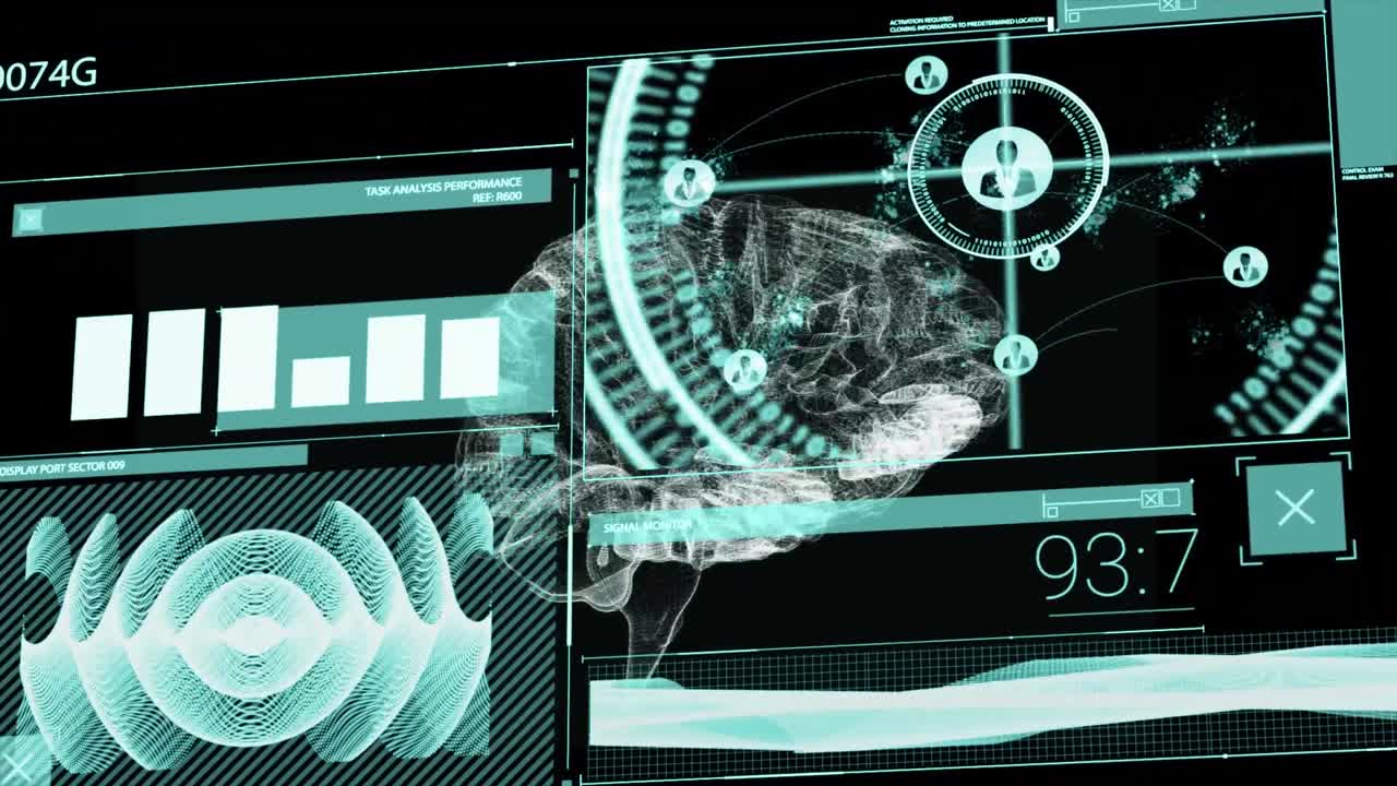 Animation of interface with data processing over human brain icon spinning against black background