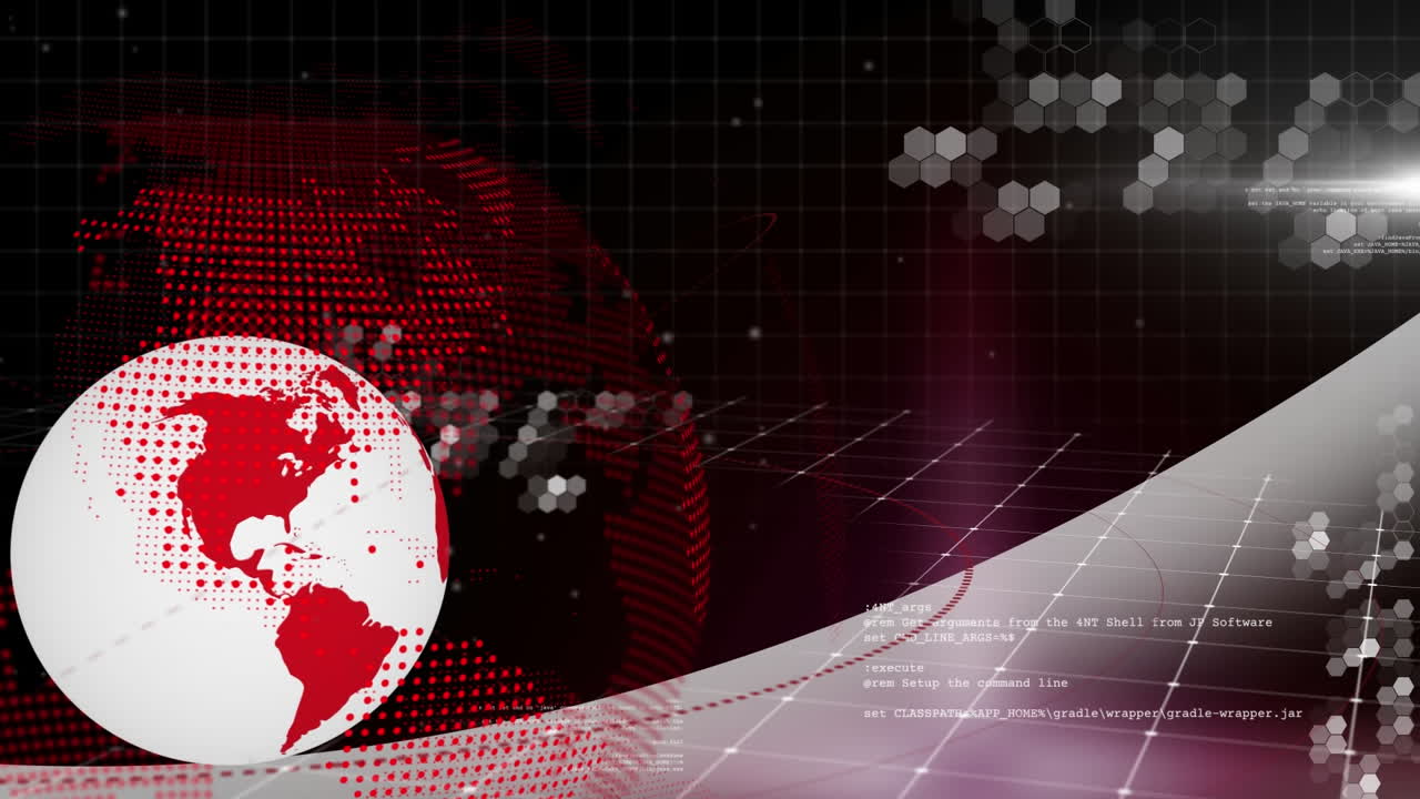 animación de un globo giratorio, procesamiento de datos y punto de luz contra un fondo negro